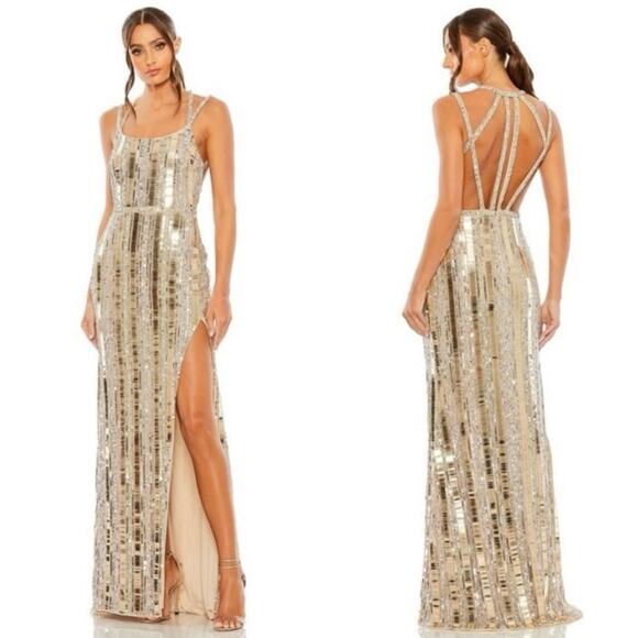 NWT MAC DUGGAL Nude Silver Halter Neck Embellished Detailed Back Metallic Gown 4 - Picture 2 of 16